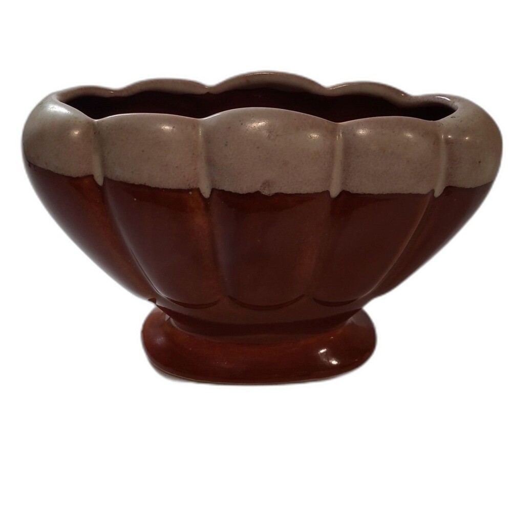 Vintage Aborn California Mid-century Brown Ceramic Pottery Fan Vase USA